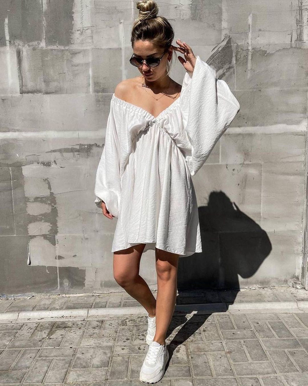 Women's V Neck Puff Sleeve Ruched Mini Flare Dress
