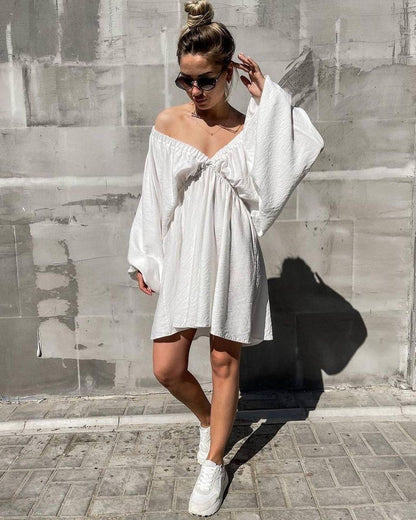 Women's V Neck Puff Sleeve Ruched Mini Flare Dress