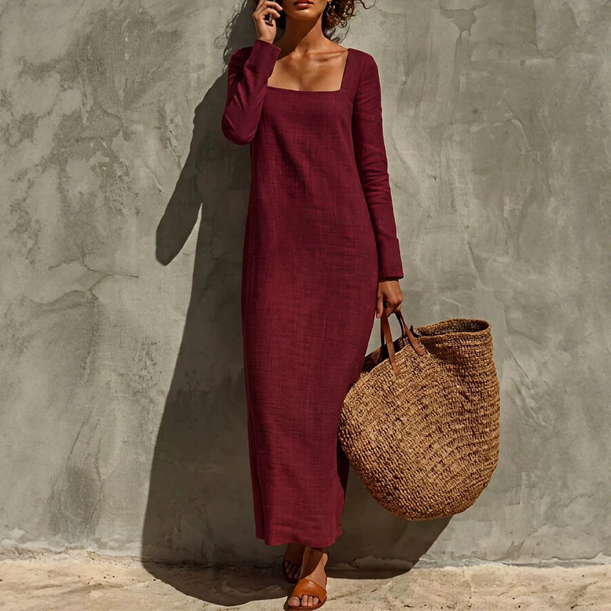 Women's Square Neck Long Sleeve Straight Maxi Dress Casual