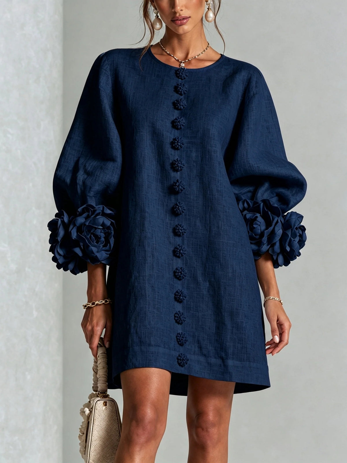 3D Floral Lantern Sleeve Mini Shift Dress