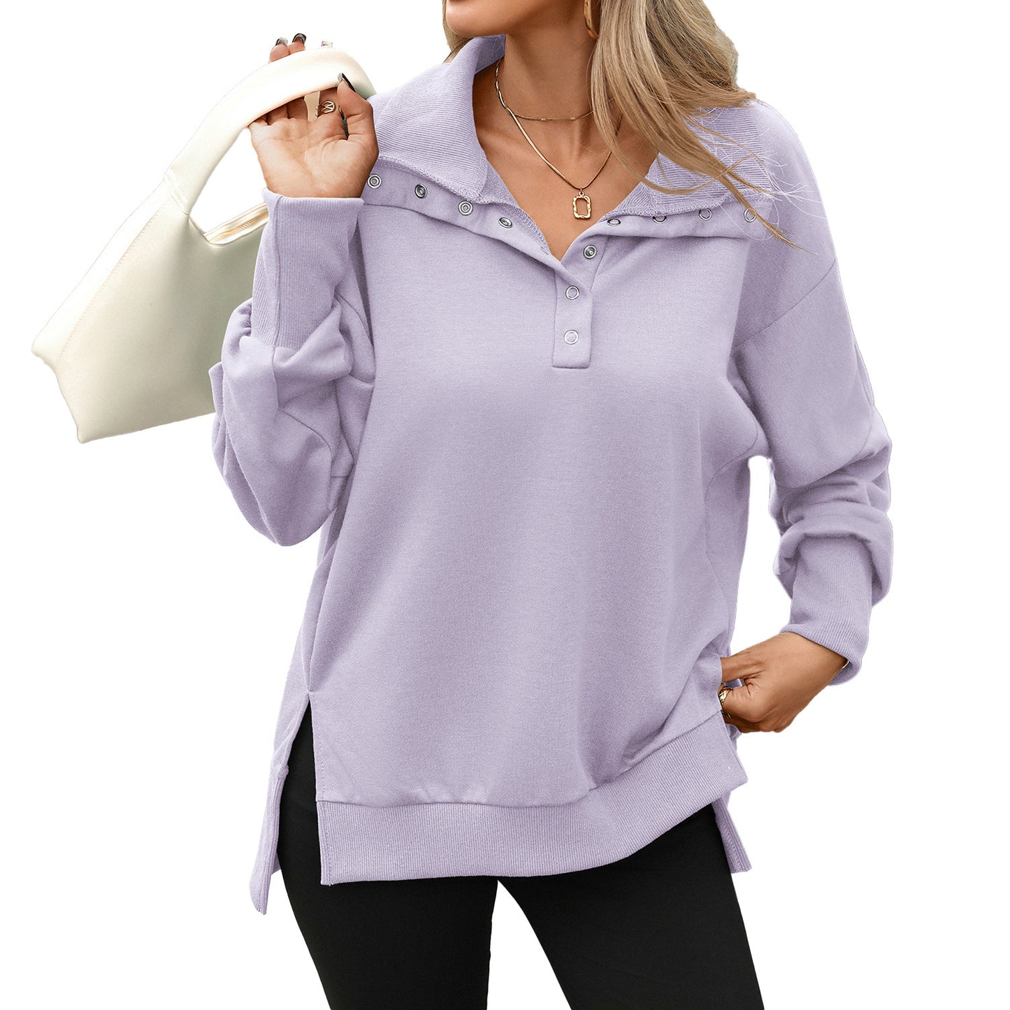 Women's Oversized Button Collar Sweatshirt Long Sleeve