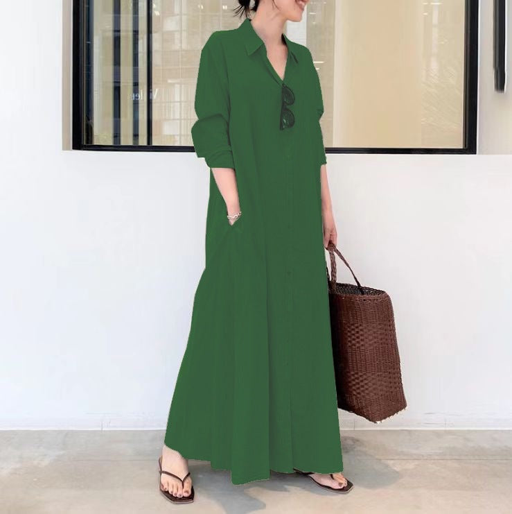 Women's Cotton Linen Maxi Shirt Dress Long Sleeve Pockets