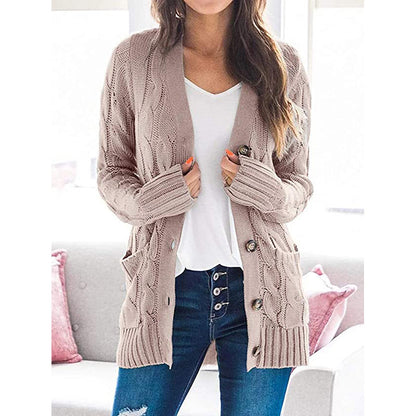 Womens Chunky Cable Knit Button Cardigan Sweater Pockets