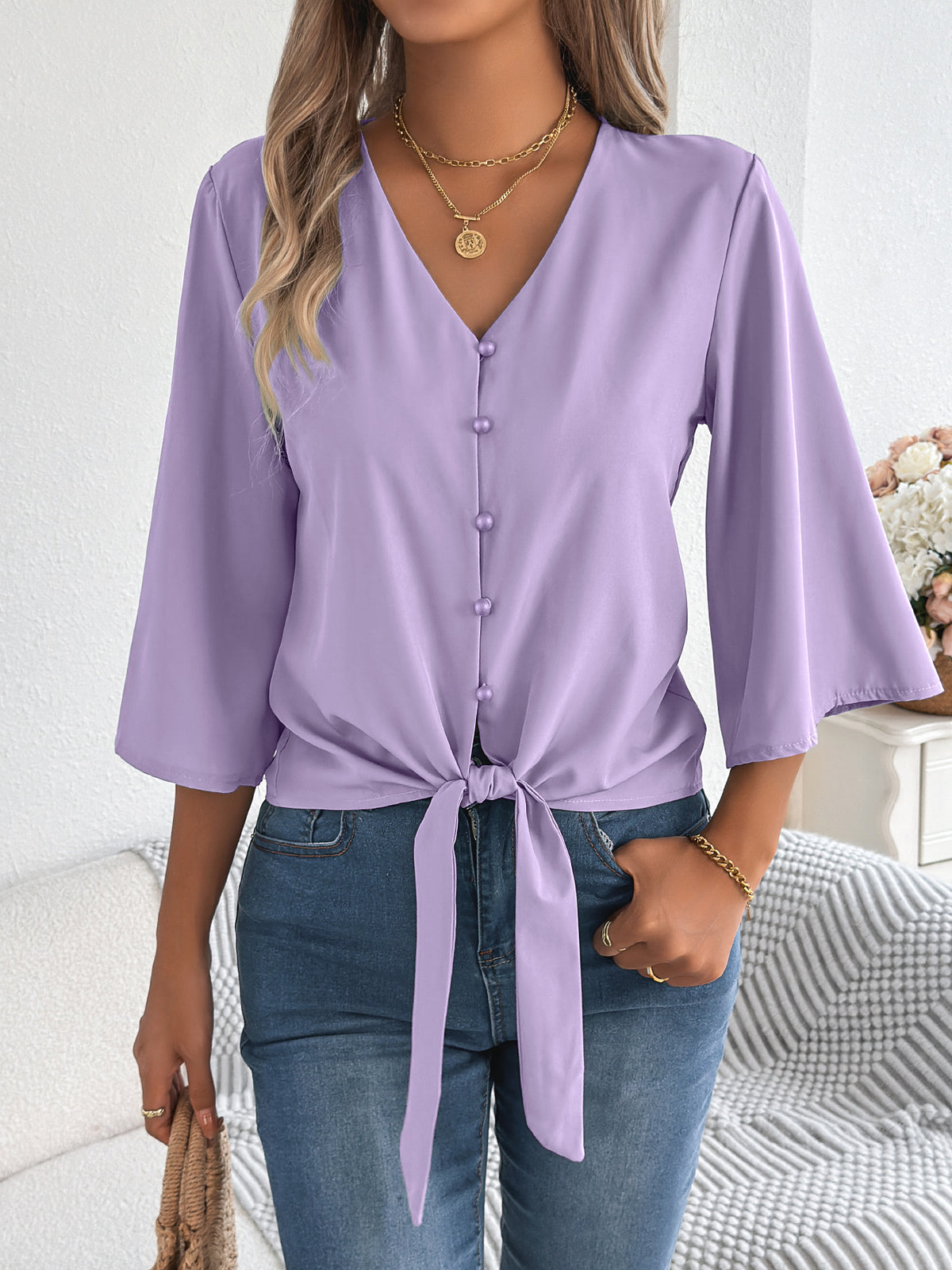 Women's V Neck Button Down Tie Front 3/4 Sleeve Blouse