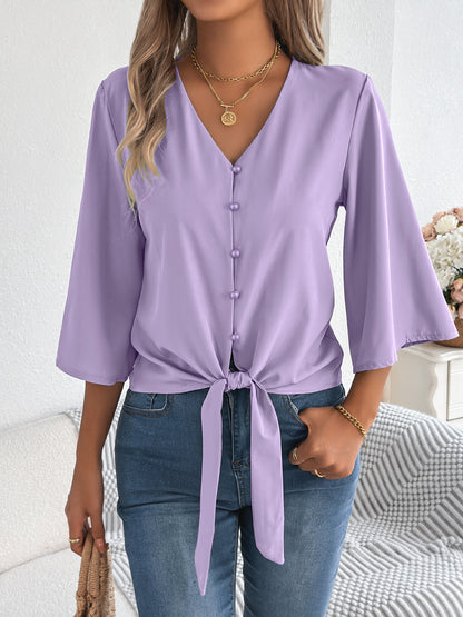 Women's V Neck Button Down Tie Front 3/4 Sleeve Blouse