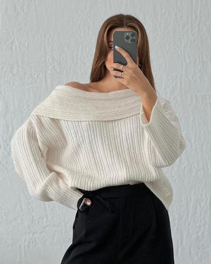 Womens Off Shoulder Bell Sleeve Sweater Oversized Knit Top