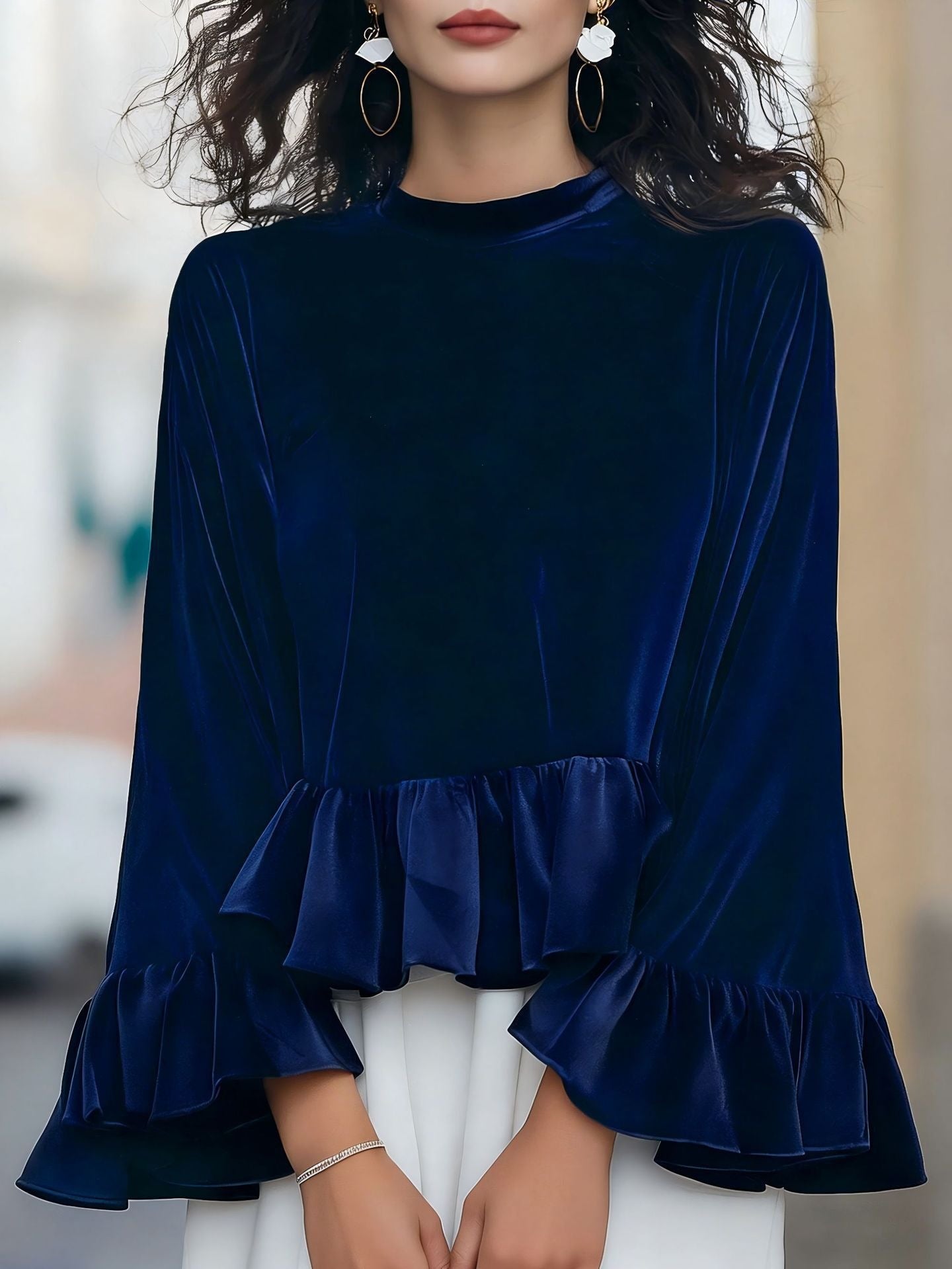 Women's Velvet Peplum Ruffle Long Sleeve Top