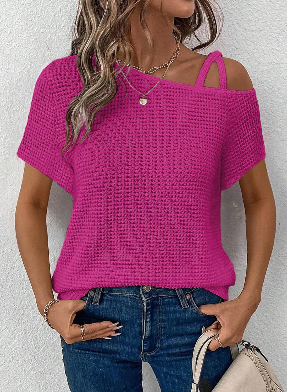 Women's Off-Shoulder Knit Top – Casual Summer Short Sleeve Blouse