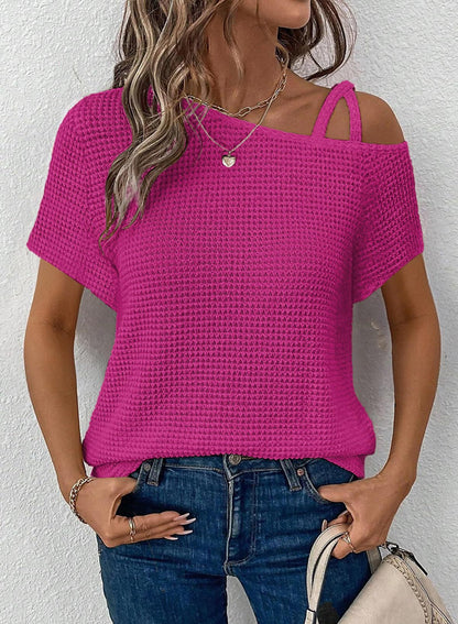 Women's Off-Shoulder Knit Top – Casual Summer Short Sleeve Blouse
