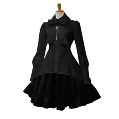 Vintage Bow Tie Shirt Dress Collared Ruffle Midi Black