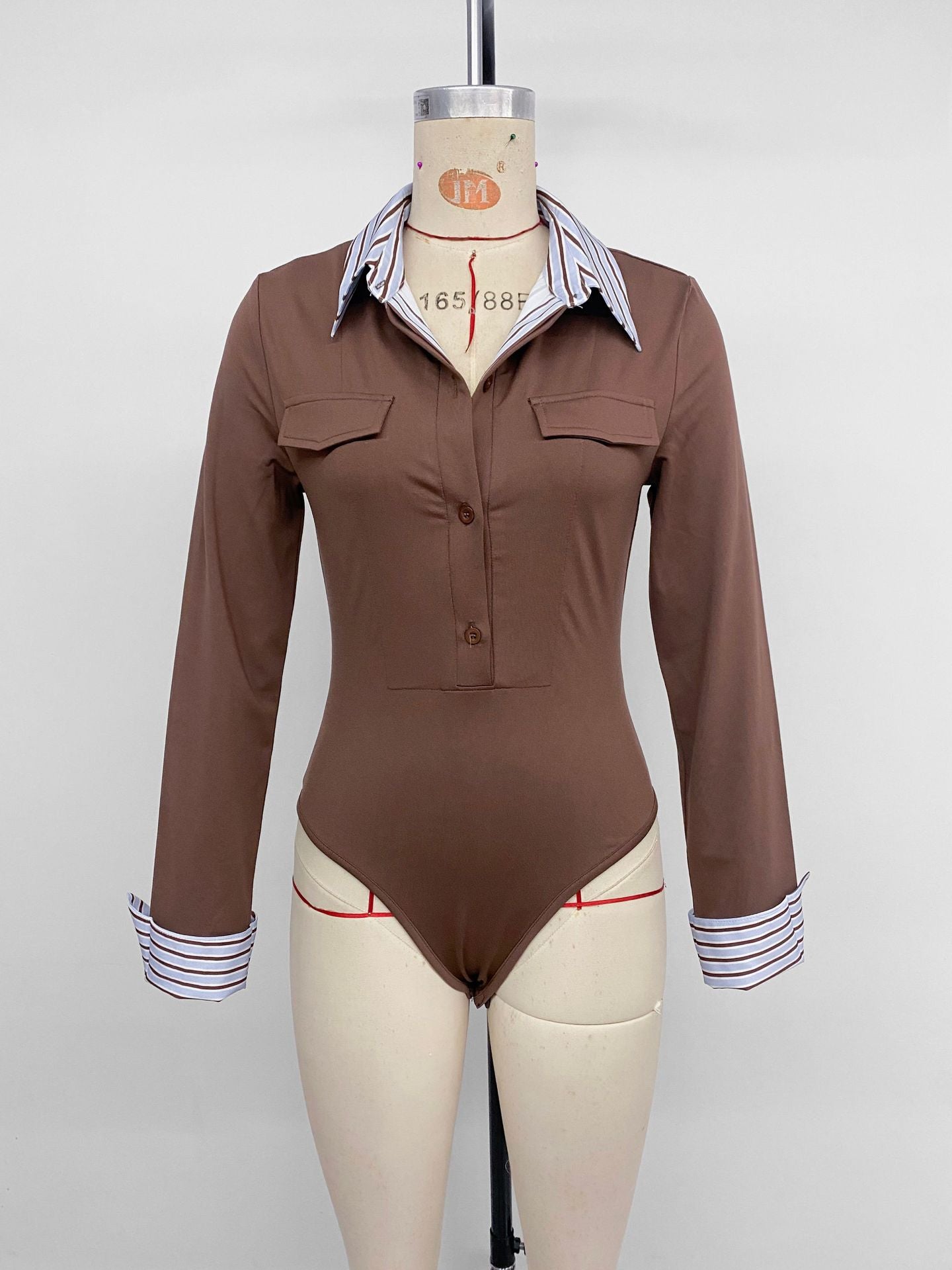 Contrast Stripe Collar Slim Fit Button Front Bodysuit