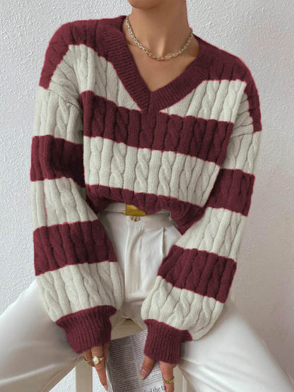 Oversized V-Neck Cable Knit Striped Pullover Sweater