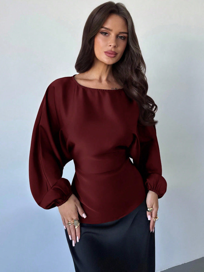 Satin Batwing Blouse Round Neck Tie Waist Top