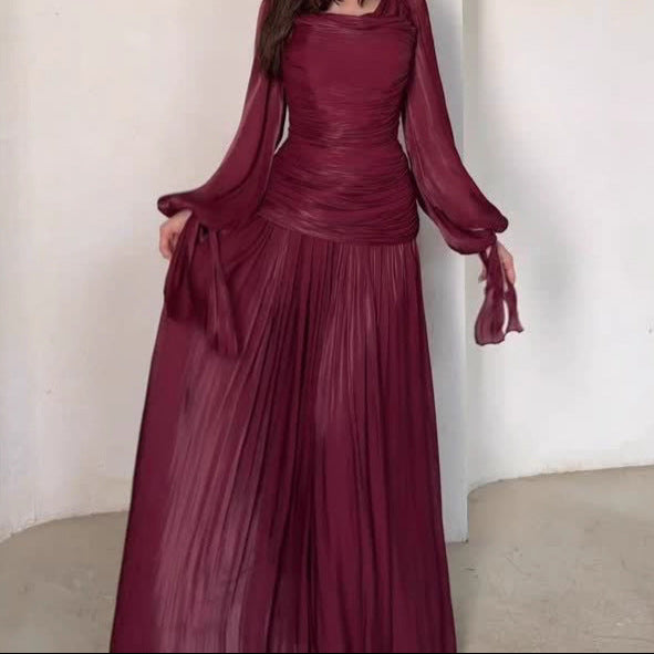 Satin Ruched Long Sleeve Maxi Dress Wedding Guest