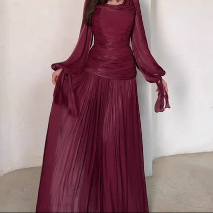 Satin Ruched Long Sleeve Maxi Dress Wedding Guest