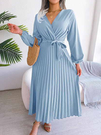 V-Neck Wrap Pleated Maxi Dress Long Sleeve Tie Waist