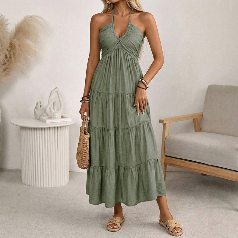 Women's Halter Tiered Maxi Dress Backless Boho Summer Vacation