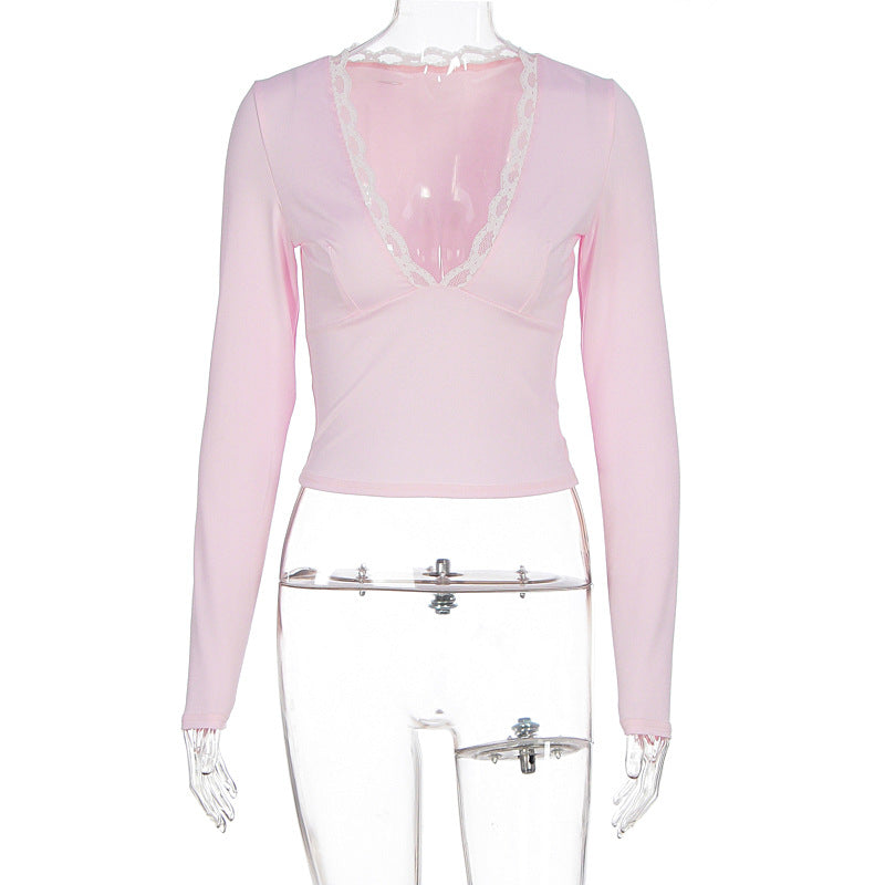Sexy Lace Trim V Neck Long Sleeve Crop Top