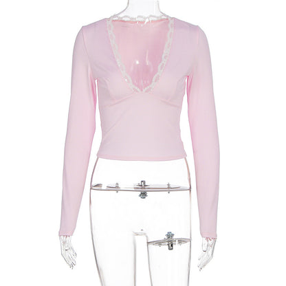 Sexy Lace Trim V Neck Long Sleeve Crop Top