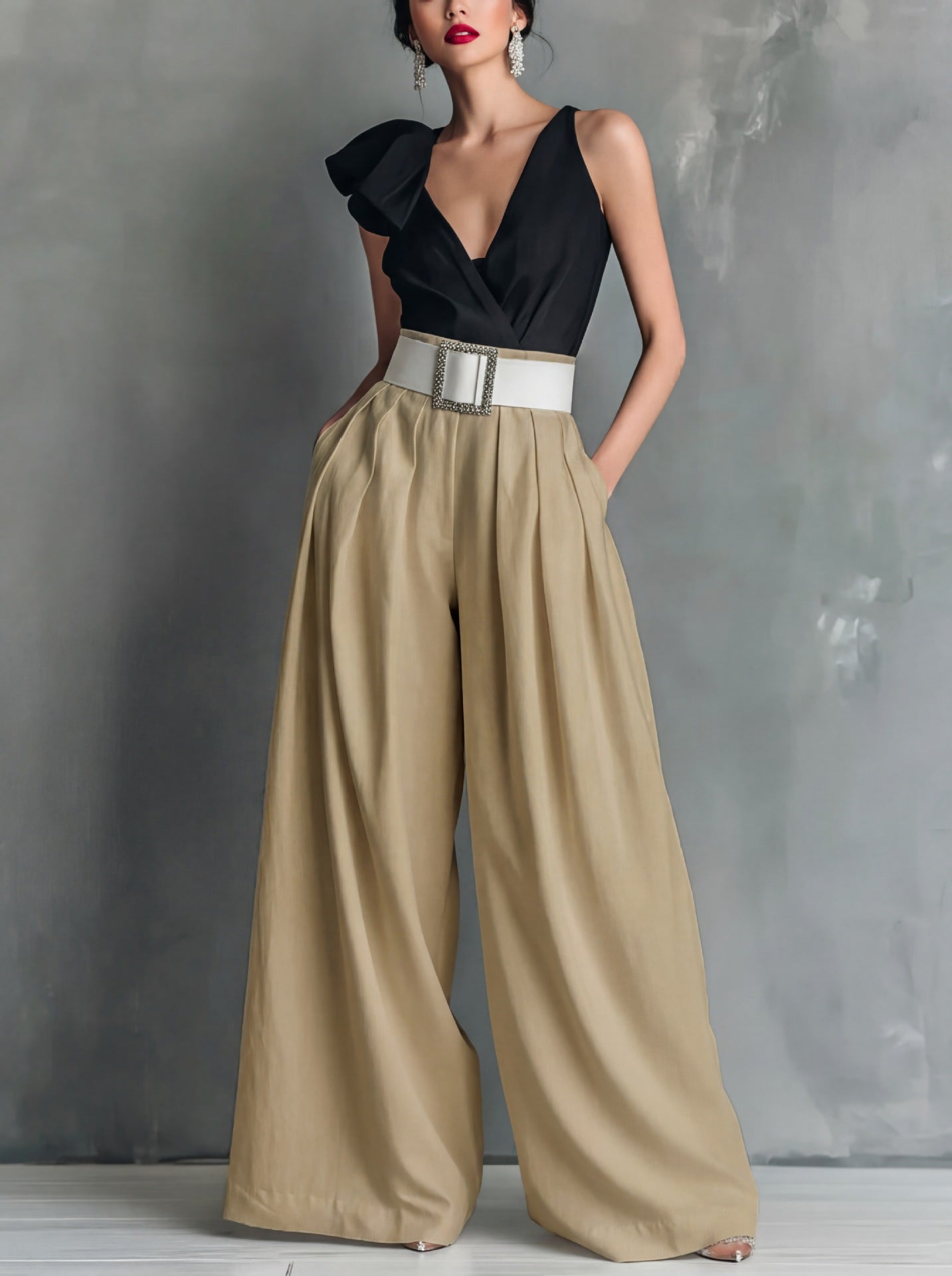 Women's Belted High Waist Wide Leg Work Pants