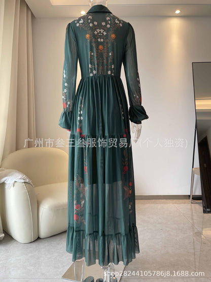Boho Floral Maxi Dress Long Sleeve Mesh Flowy