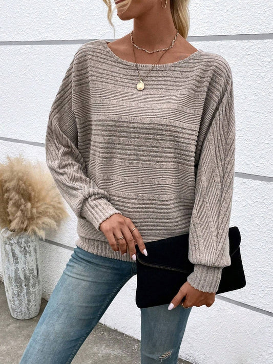 Ribbed Batwing Sleeve Sweater Top Women Casual Pullover