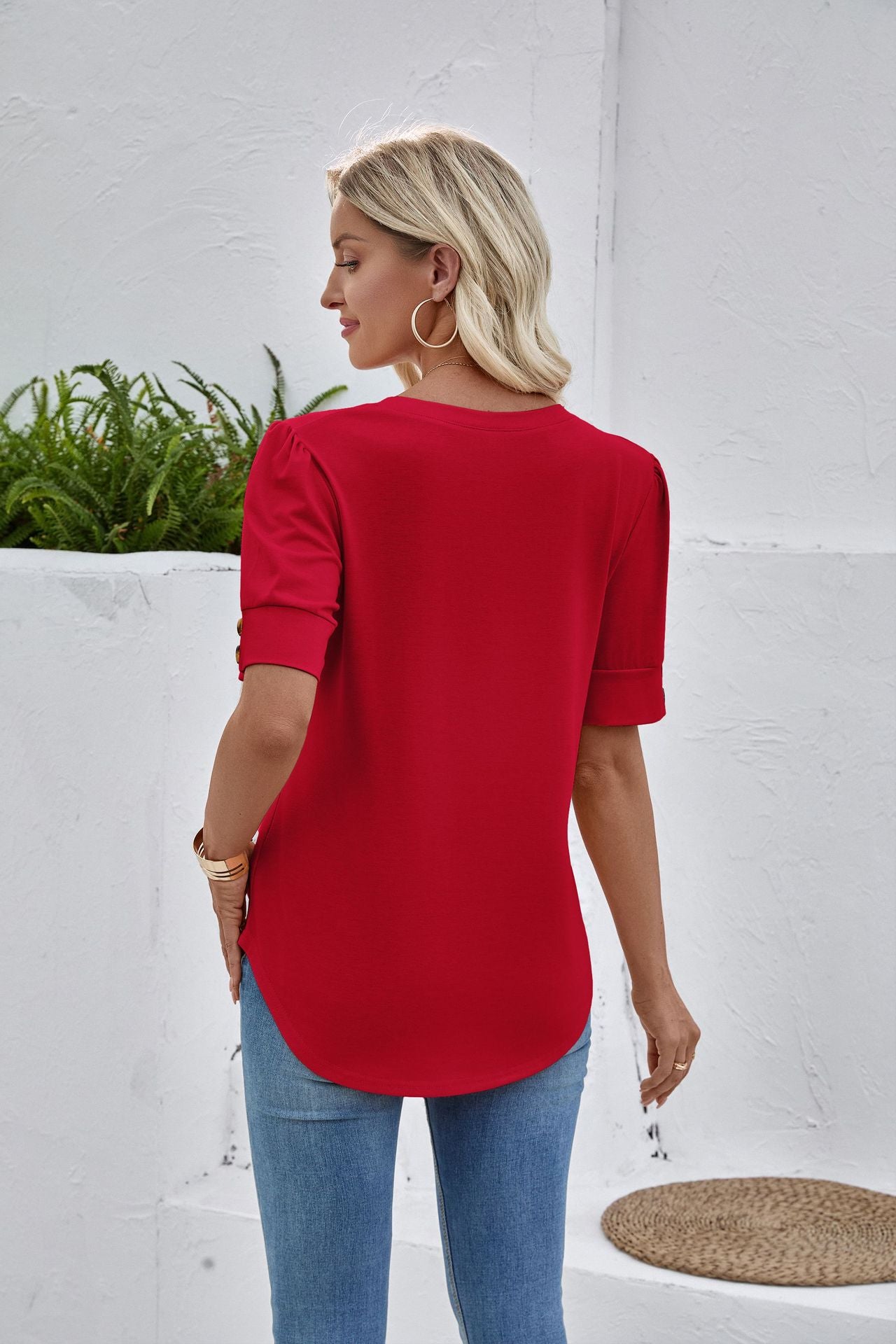 Solid Color V Neck Button Sleeve Puff Top Casual Tee