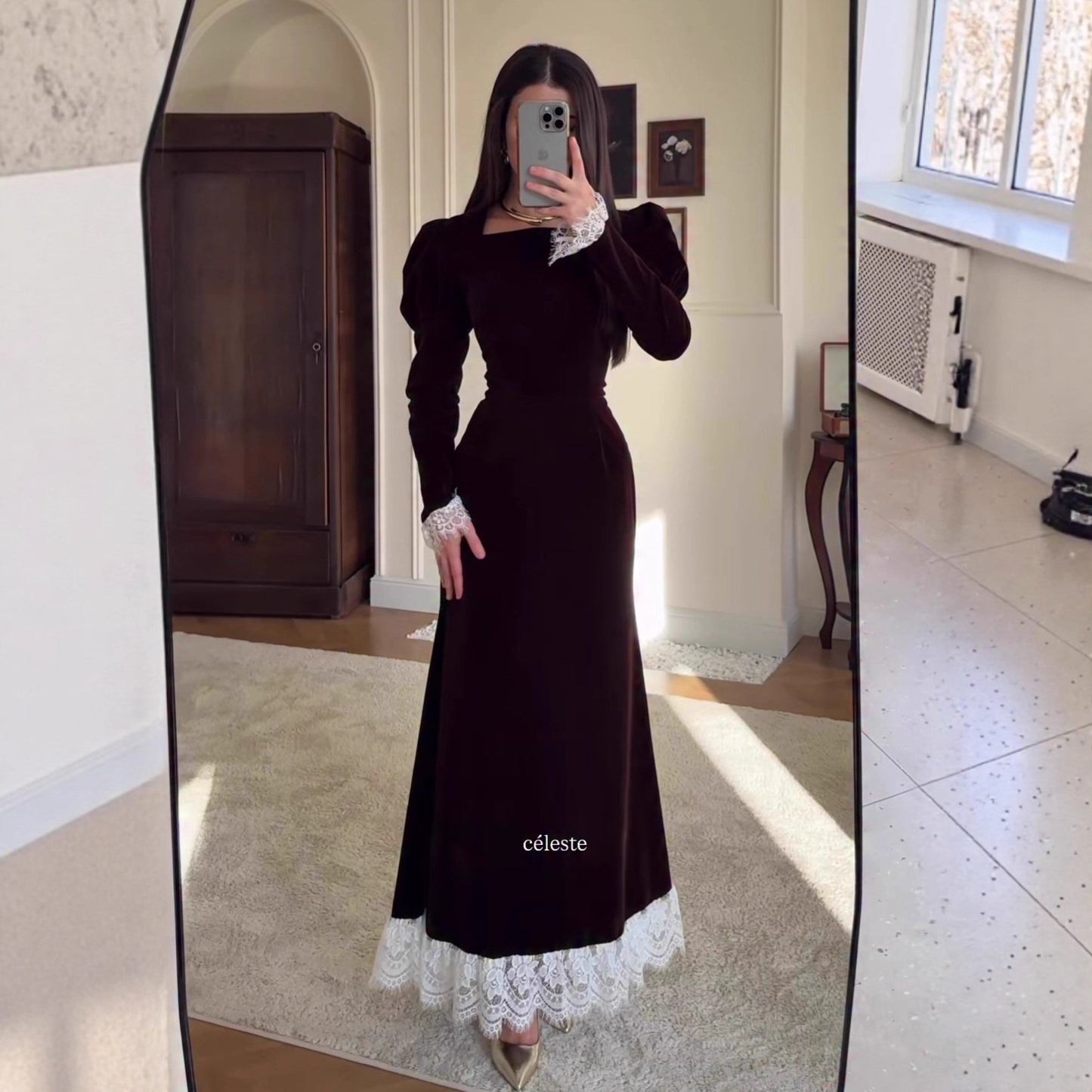 Velvet Maxi Dress Square Neck Lace Trim Long Sleeve