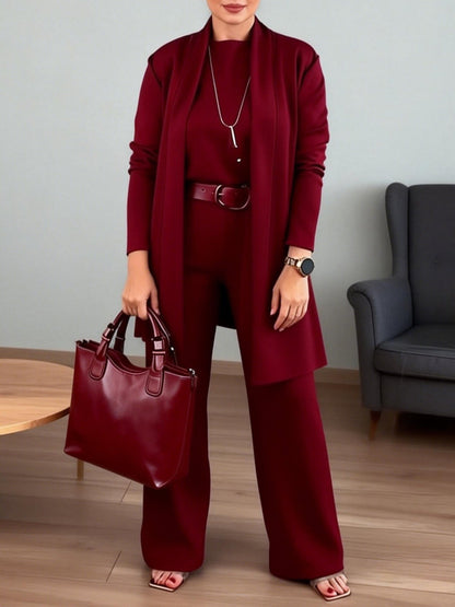 Women 3 Piece Solid Knit Lounge Set Cardigan Top Pants