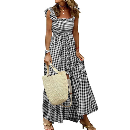 Gingham Smocked Maxi Dress Square Neck Ruffle Sleeve