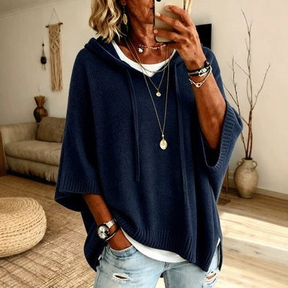 Oversized Hooded Knit Sweater Drawstring Batwing Slit
