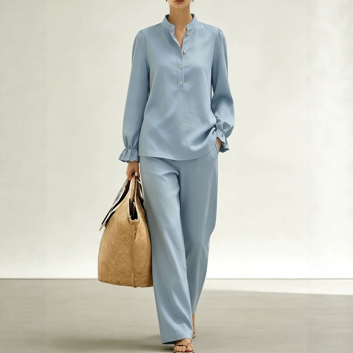 Women Puff Sleeve Blouse Wide Leg Pants Two Piece Set