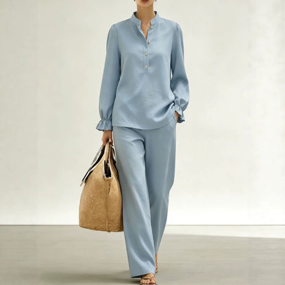 Women Puff Sleeve Blouse Wide Leg Pants Two Piece Set
