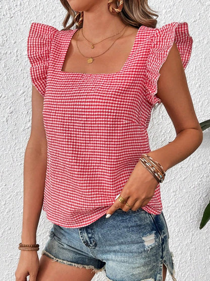 Gingham Square Neck Ruffle Sleeve Blouse Top