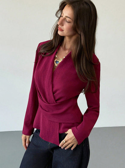 Burgundy V-Neck Ruched Asymmetric Long Sleeve Blouse