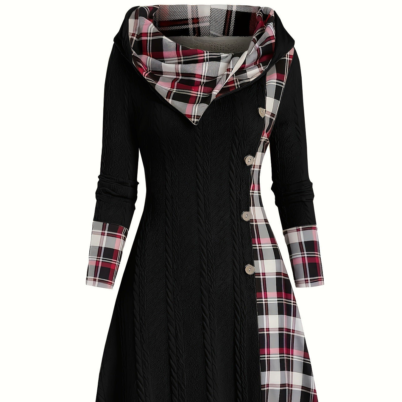 Hooded Cable Knit Sweater Dress Plaid Contrast Midi