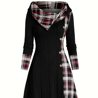 Hooded Cable Knit Sweater Dress Plaid Contrast Midi