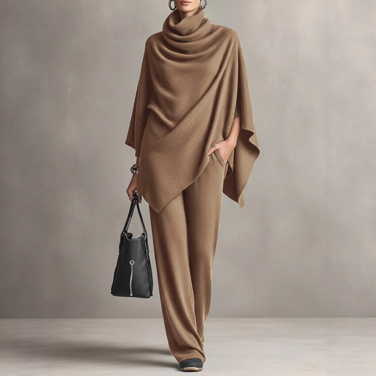 Women's Cowl Neck Poncho Wide Leg Pants Two Piece Set