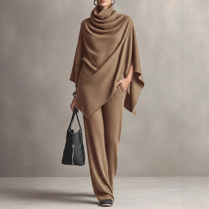 Women's Cowl Neck Poncho Wide Leg Pants Two Piece Set