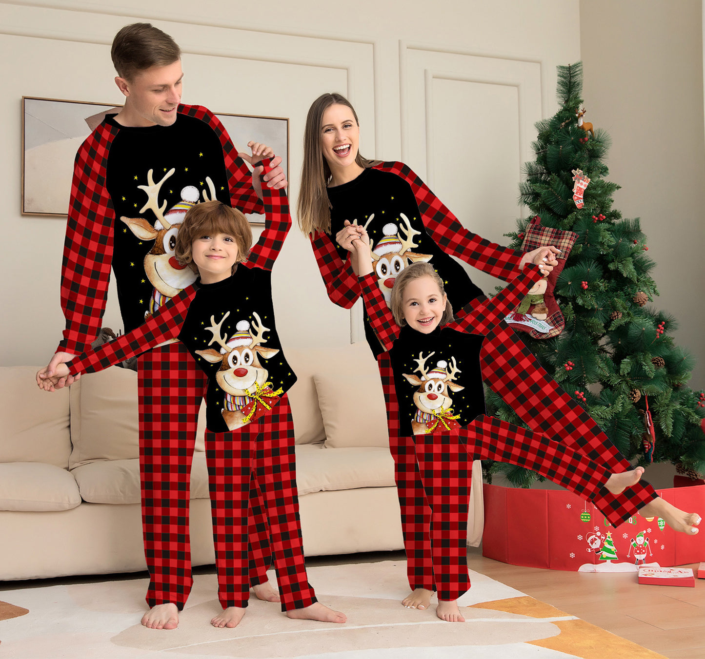 Cartoon Deer Plaid Parent-child Dress Printed Christmas Pajamas