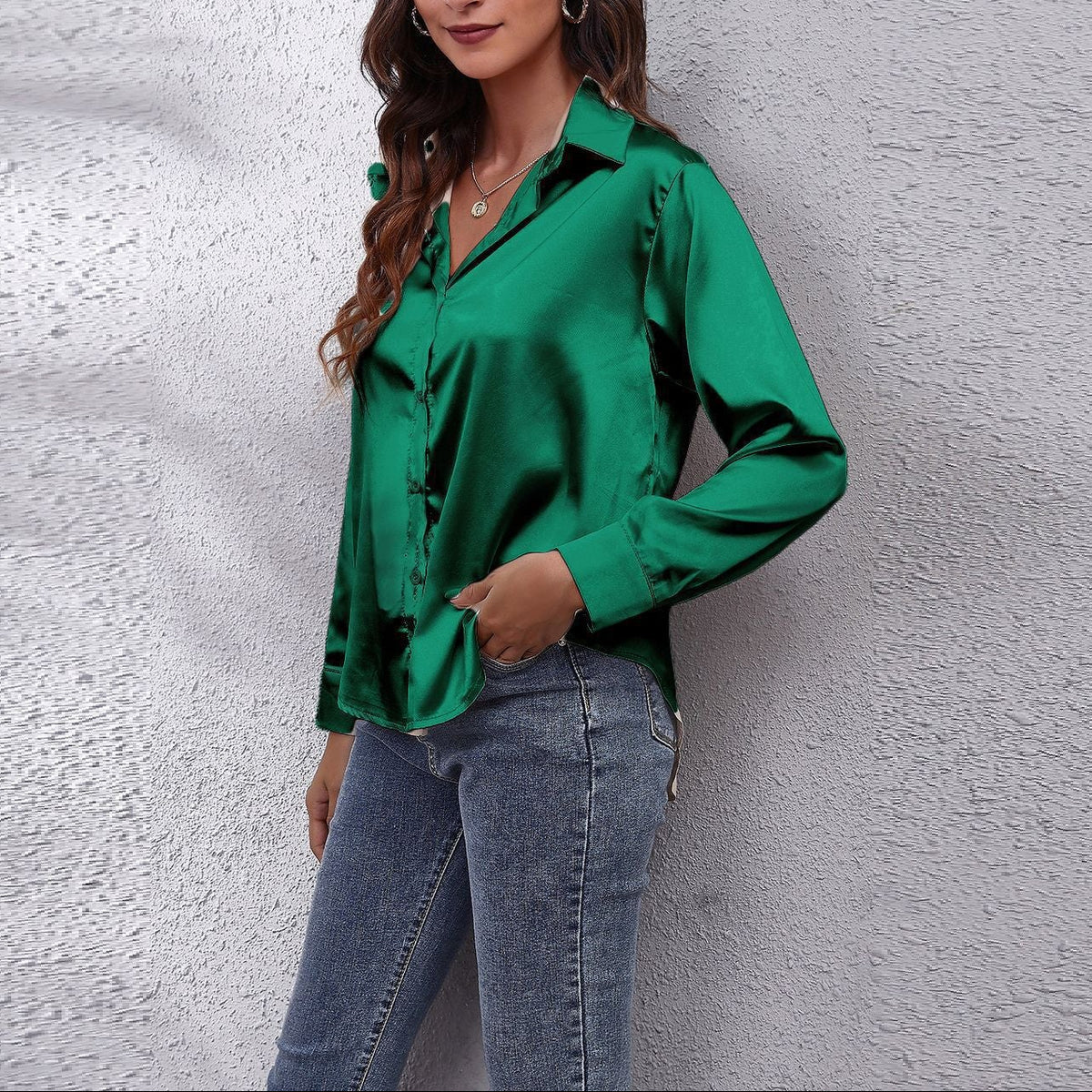 Women's Satin Long Sleeve Button Down Collared Blouse