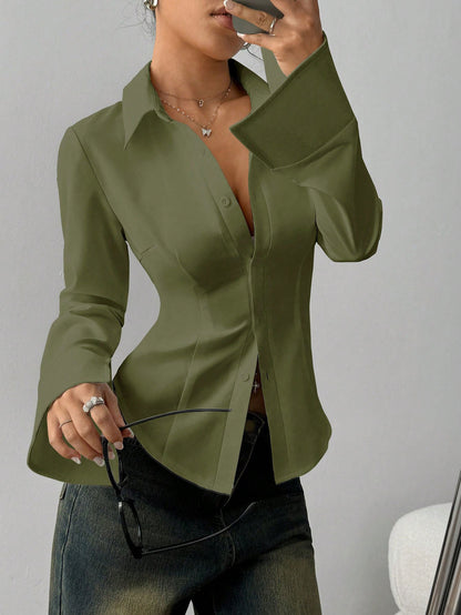 Women's Satin V-Neck Collared Long Sleeve Fitted Blouse