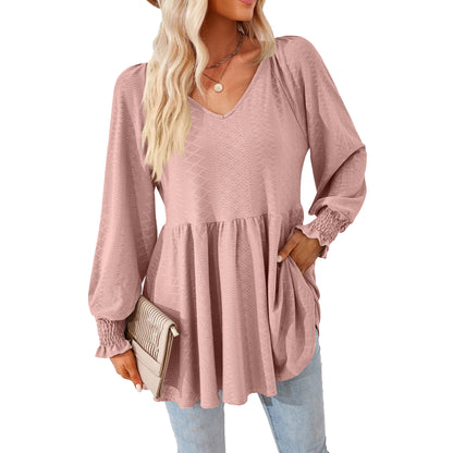 Women's V Neck Long Sleeve Textured Babydoll Tunic Top