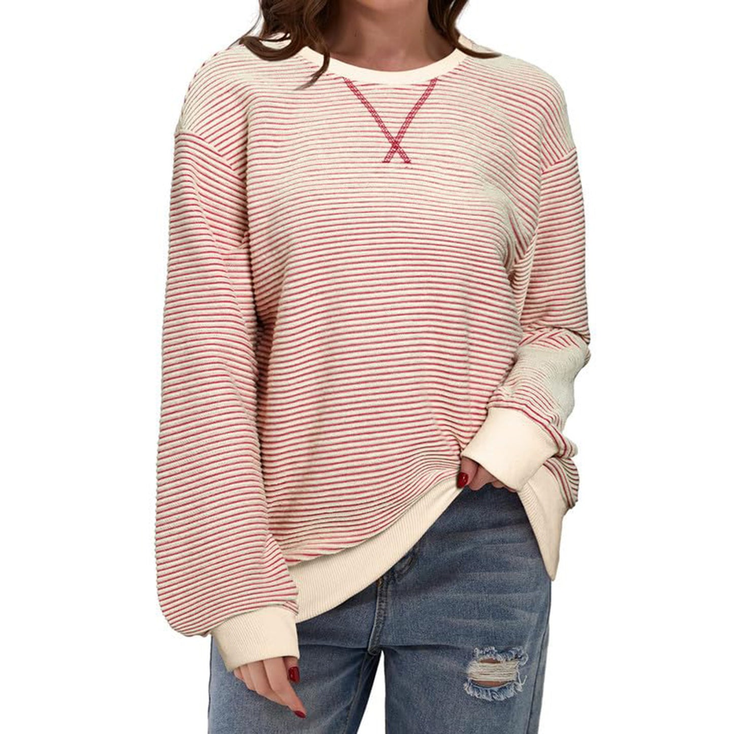 Women's Striped Oversized Color Block Long Sleeve Top