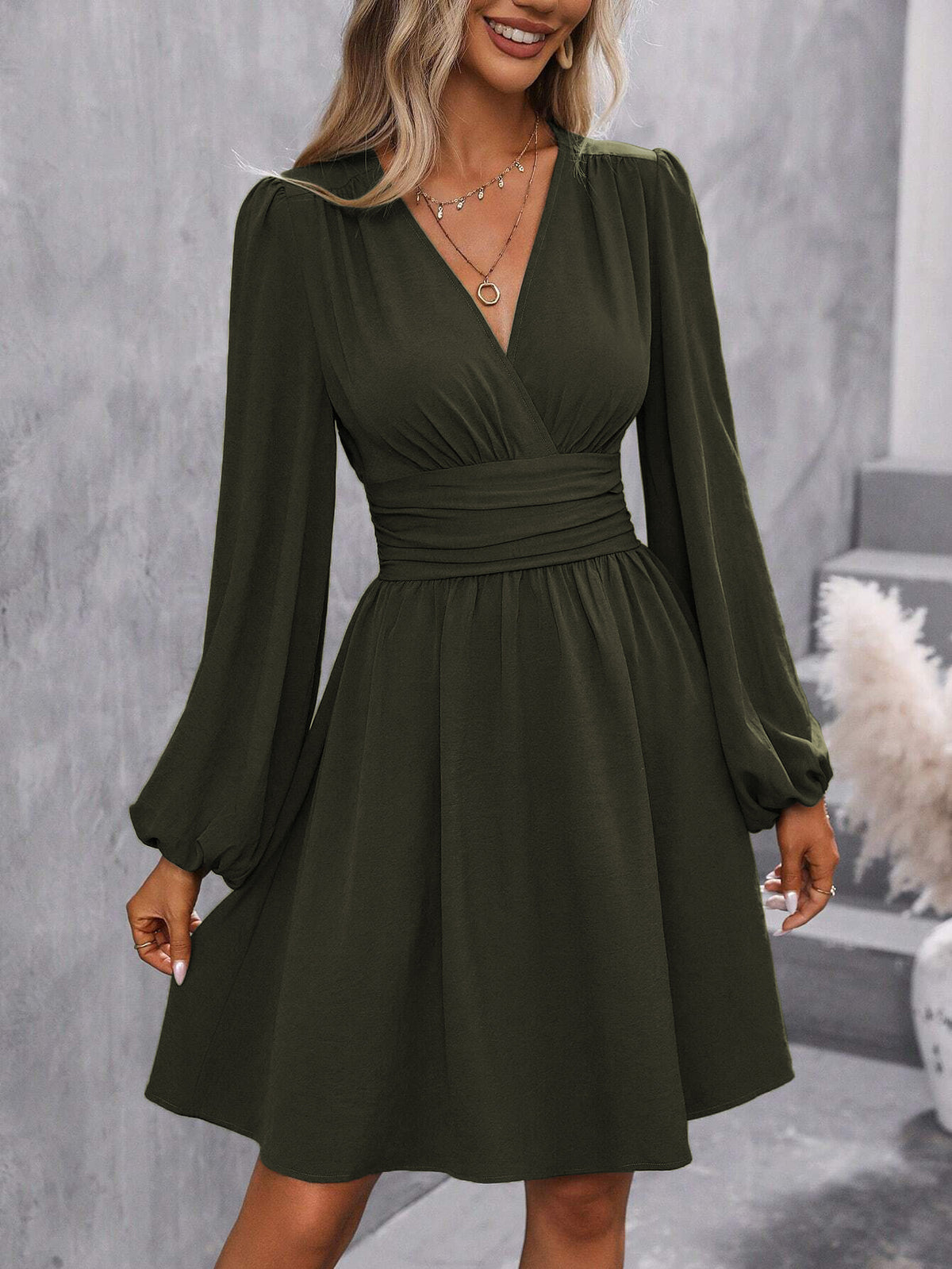 Women's V-Neck Balloon Sleeve Ruched Waist A-Line Dress