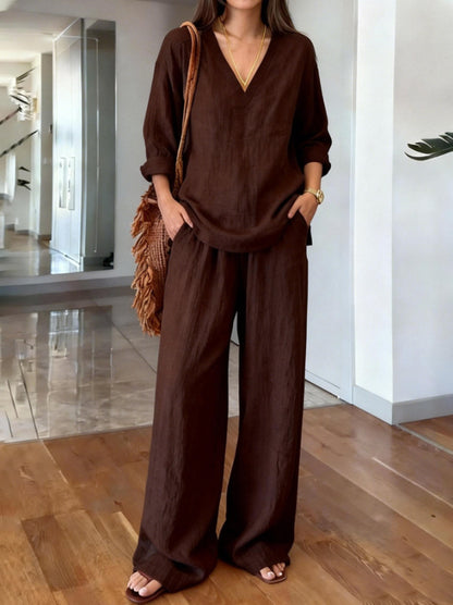Women's V-Neck Long Sleeve & Wide Leg Pants Matching Set