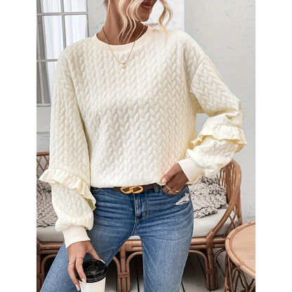 Textured Wheat Embossed Ruffle Sleeve Sweatshirt