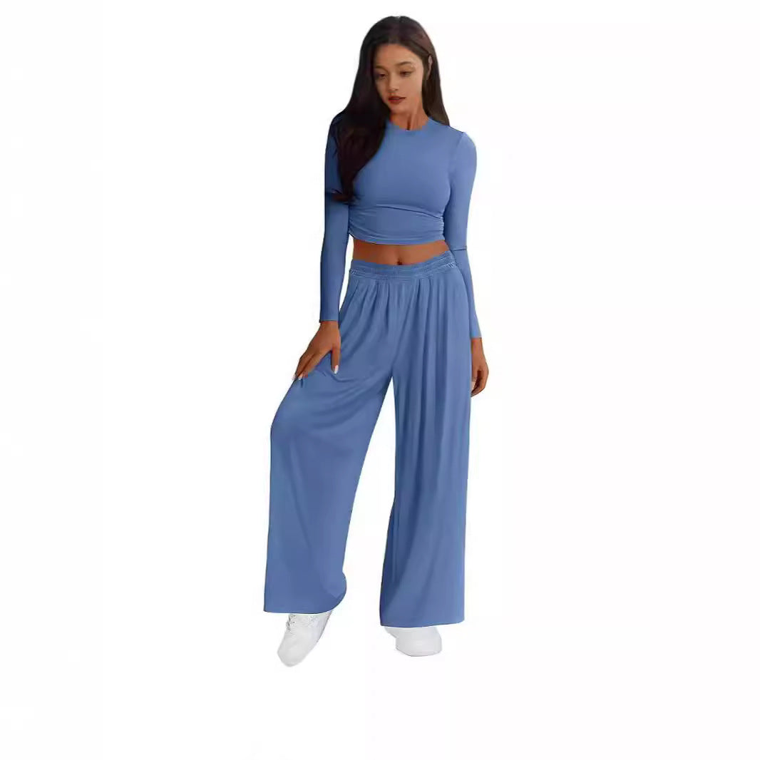 Womens Modal Crop Top Wide Leg Pants Two Piece Lounge Set