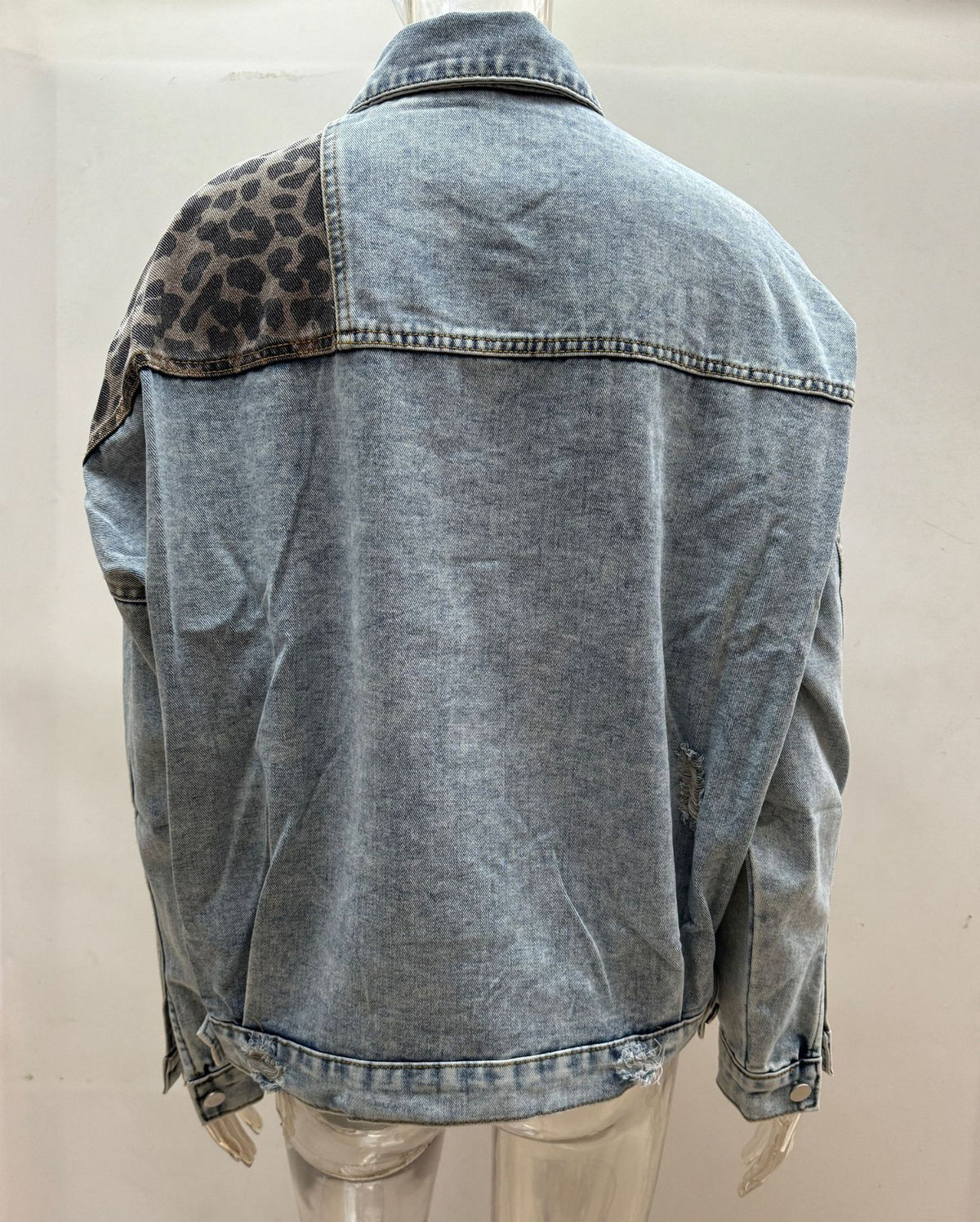 Women's Leopard Patchwork Denim Jacket Button Up Casual