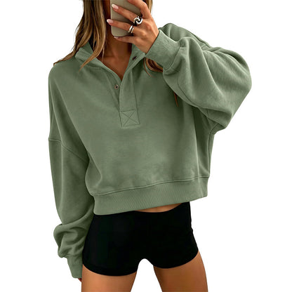 Cropped Henley Sweatshirt Polo Collar Relaxed Fit